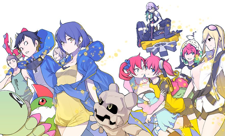 4boys 6+girls aiba_ami aiba_takumi artist_request ass bandai bare_legs betamon bike_shorts bikini_top black_hair black_jacket blonde_hair blue_hair blush breasts character_request creature curvy digimon digimon_story:_cyber_sleuth digimon_story:_cyber_sleuth_hacker's_memory dress dress_shirt fangs female full_body glasses gloves goggles_on_head gotsumon green_hair hagurumon hair_ornament happy horn hug kuremi_kyouko long_hair long_twintails looking_at_viewer looking_back medium_breasts mikagura_mirei miniskirt mishima_erika monster multiple_boys multiple_girls no_bra official_art palmon ponytail red_hair shinomiya_rina shiny shiny_skin shiramine_nokia short_hair short_shorts shorts side_ponytail simple_background sitting skirt sunglasses sunglasses_on_head sweater tentomon terriermon twintails upper_body very_long_hair walking white_background wings wormmon yellow_eyes