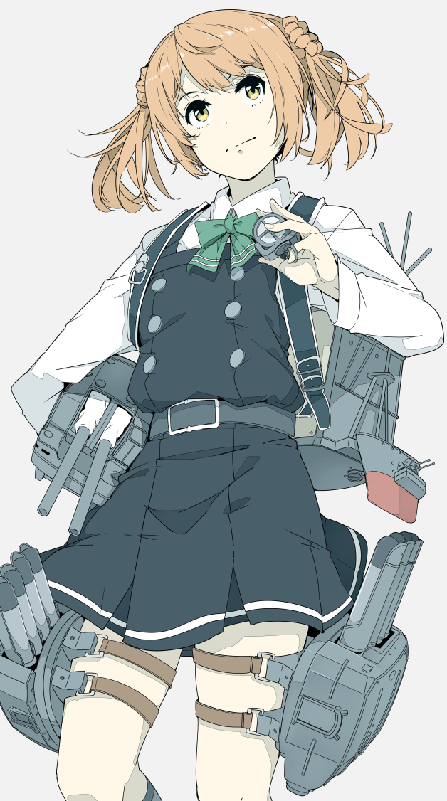 belt belt_buckle black_dress bow bowtie brown_hair buckle closed_mouth collared_shirt cowboy_shot crime_prevention_buzzer double_bun dress green_bow green_neckwear head_tilt holding kantai_collection long_sleeves looking_away michishio_(kantai_collection) ninimo_nimo pinafore_dress remodel_(kantai_collection) rigging searchlight shirt smile solo standing tareme thigh_strap thighs torpedo torpedo_tubes turret two_side_up white_shirt wing_collar yellow_eyes