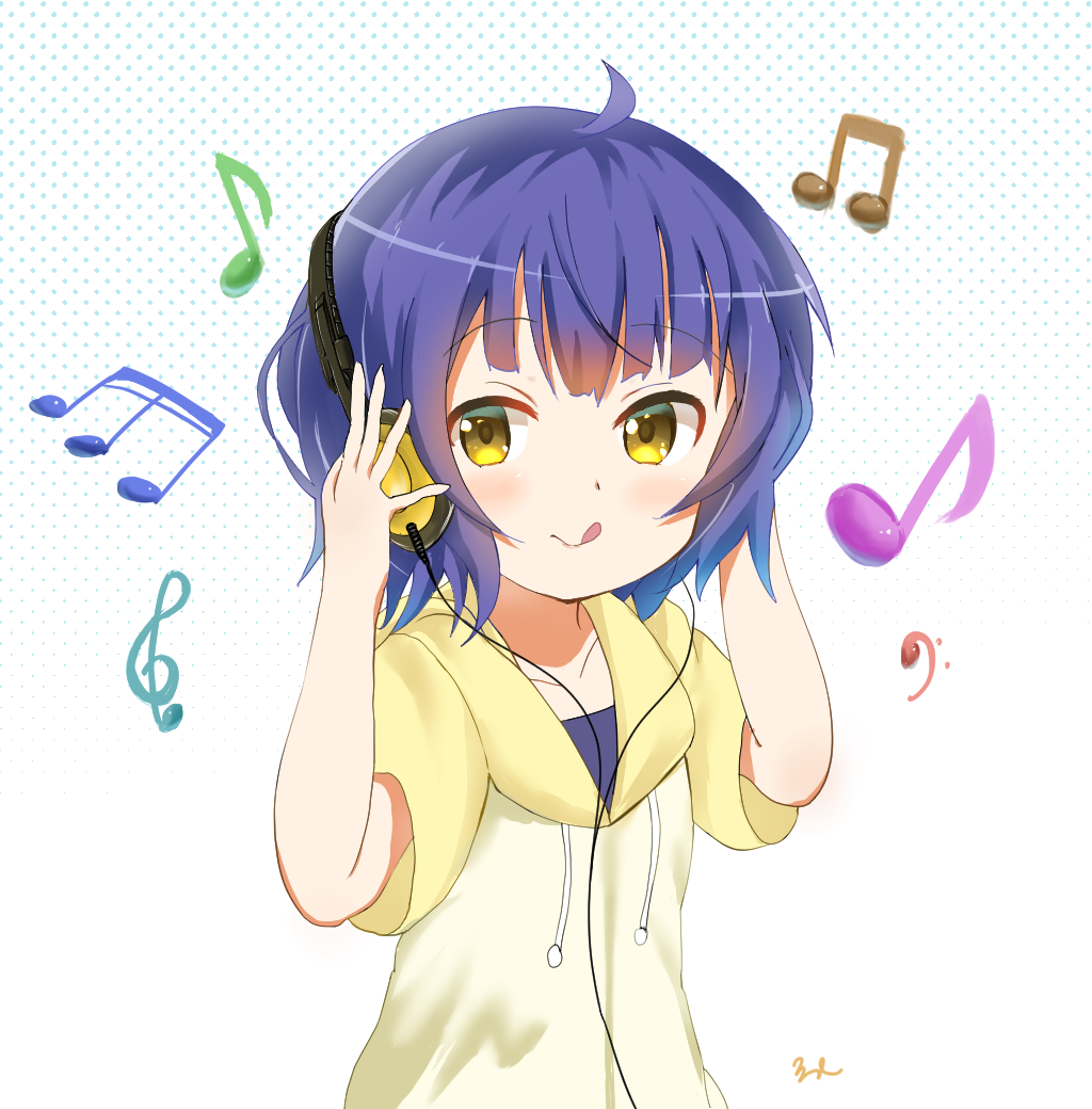 :q aayh ahoge arms_up bangs bass_clef beamed_eighth_notes beamed_sixteenth_notes blue_hair blush closed_mouth commentary_request drawstring eighth_note eyebrows_visible_through_hair gochuumon_wa_usagi_desu_ka? halftone halftone_background hands_on_headphones headphones hood hood_down hoodie jouga_maya listening_to_music looking_at_viewer musical_note short_sleeves simple_background smile solo tareme tongue tongue_out treble_clef upper_body white_background yellow_eyes yellow_hoodie