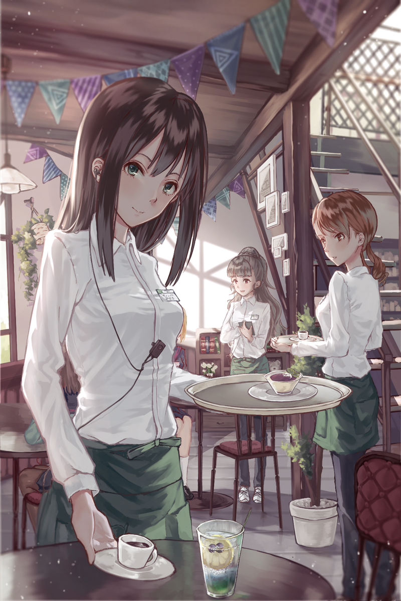 bangs black_pants blonde_hair blunt_bangs breasts brown_eyes brown_hair cafe ceiling_light chair clipboard closed_mouth collared_shirt cup drink drinking_glass earpiece green_eyes green_skirt high_ponytail highres holding holding_tray houjou_karen idolmaster idolmaster_cinderella_girls indoors kamiya_nao light_brown_hair light_particles long_hair long_sleeves looking_at_viewer low_ponytail multiple_girls name_tag pants pennant plant potted_plant pov railing red_eyes roki_(0214278) saucer shelf shibuya_rin shirt skirt small_breasts smile stairs standing string_of_flags tareme teacup tray triad_primus waitress white_shirt wing_collar wooden_floor writing