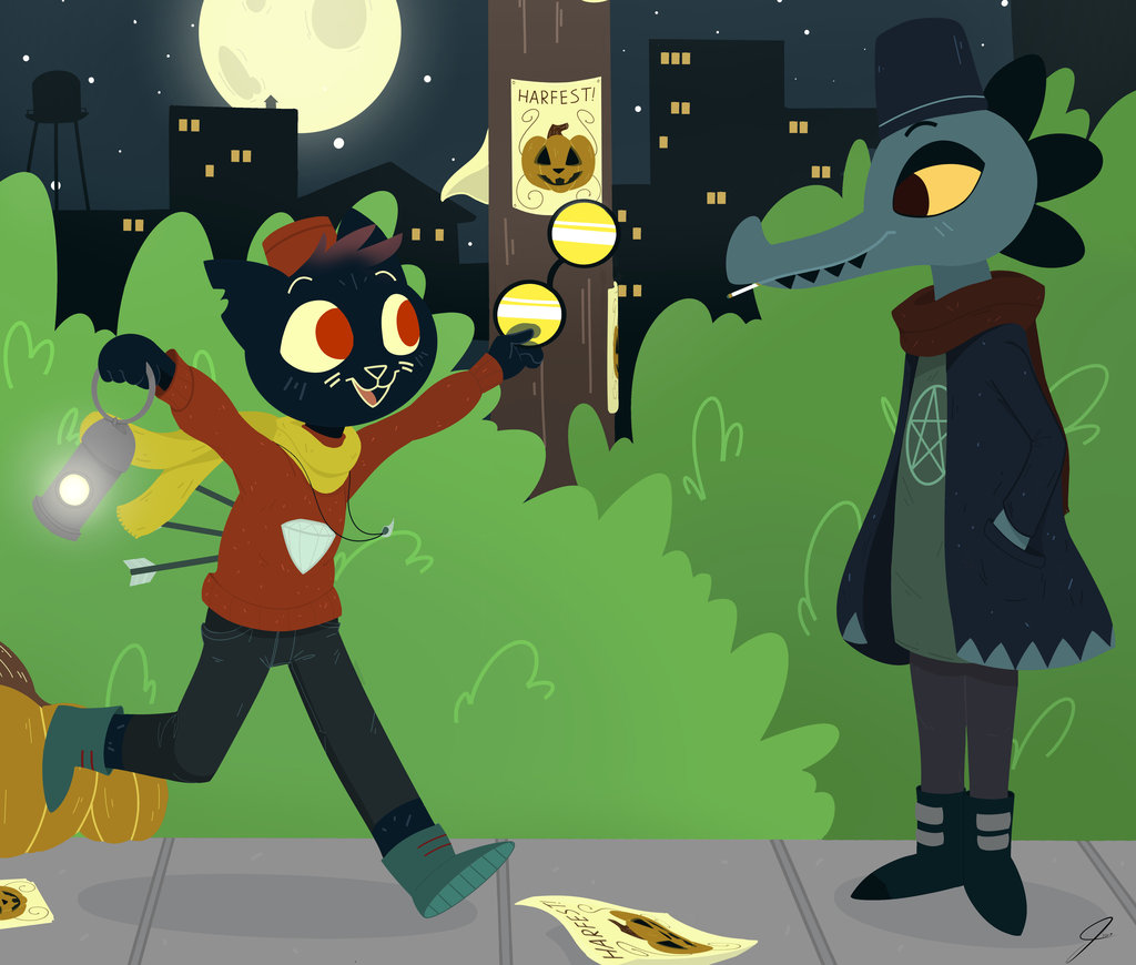 alligator anthro balderdash999 bea_(nitw) cat clothed clothing crocodilian duo eyewear feline female glasses lamp love_in_the_woods mae_(nitw) mammal night_in_the_woods notched_ear reptile scalie sharp_teeth teeth