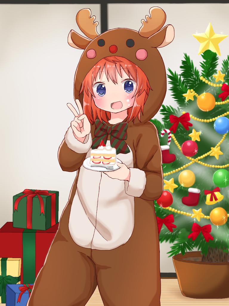:d animal_costume animal_ears antlers bangs blue_eyes blush blush_stickers bow bowtie box cake christmas christmas_lights christmas_ornaments christmas_tree commentary_request diagonal_stripes eyebrows_visible_through_hair food fruit gift gift_box holding holding_plate indoors koshigaya_natsumi long_sleeves looking_at_viewer non_non_biyori open_mouth orange_hair plate reindeer_antlers reindeer_costume reindeer_ears shika_(s1ka) slice_of_cake smile solo standing star strawberry strawberry_shortcake striped v