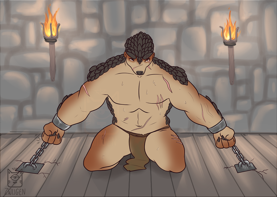 anthro bound chain clothed clothing dungeon eye_contact fire loincloth looking_at_viewer male mammal monster muscular pangolin scar shackles solo sweat topless very_muscular zwijgen