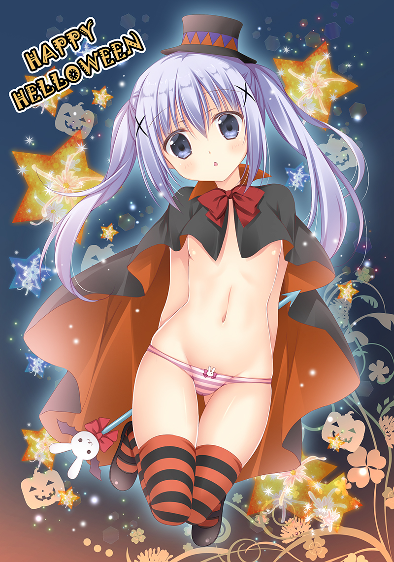 bangs black_cape black_footwear black_hat blue_eyes blue_hair blush bow bow_panties bowtie breasts cape chestnut_mouth commentary_request eyebrows_visible_through_hair full_body gochuumon_wa_usagi_desu_ka? groin hair_between_eyes hair_ornament halloween happy_halloween hat head_tilt jack-o'-lantern kafuu_chino korie_riko long_hair looking_at_viewer mary_janes mini_hat mini_top_hat navel no_pants panties parted_lips red_neckwear shoes sidelocks small_breasts solo star striped striped_legwear striped_panties tareme thighhighs top_hat topless twintails underwear wand x_hair_ornament