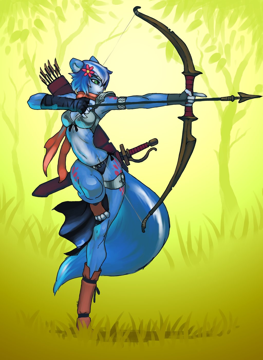 2013 action_pose anthro armor armwear arrow blue_fur blue_hair bow bra breasts clothed clothing detailed_background digital_media_(artwork) female flower fur gloves grass green_eyes hair happy_tree_friends hi_res holding_object holding_weapon legwear long_legs luigiix mammal melee_weapon midriff nature navel on_one_leg outside panties petunia petunia_(htf) plant pose quiver scarf skimpy skunk slim solo standing sword toes tree unconvincing_armor underwear weapon wide_hips