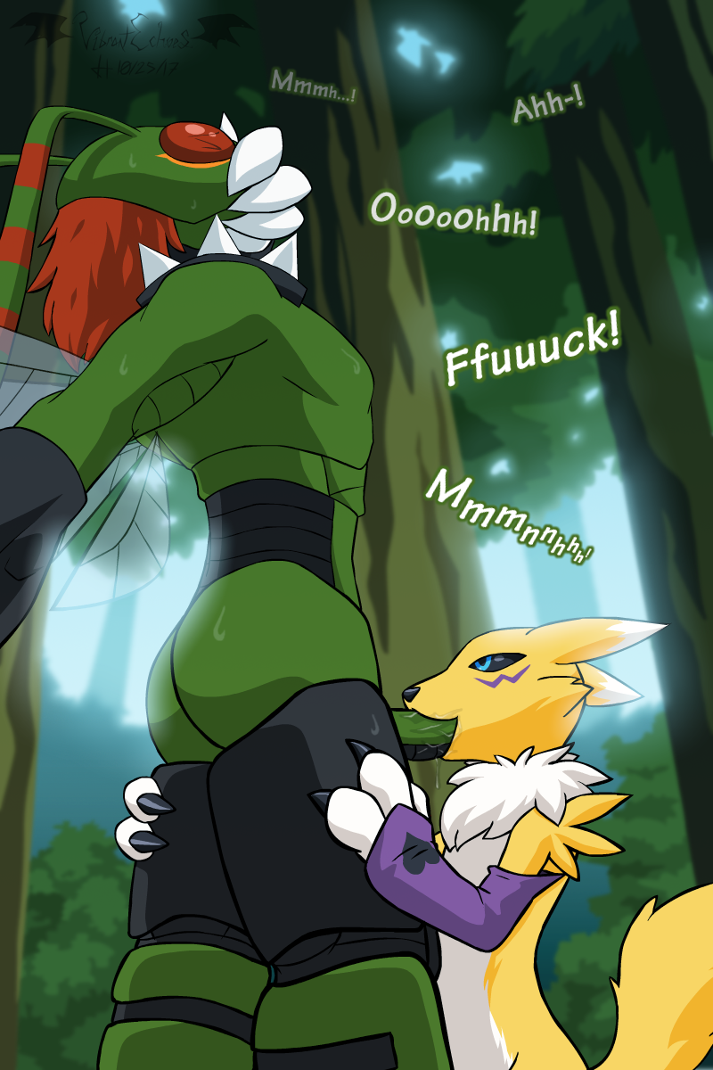 antennae armor claws clothing dialogue digimon english_text eyes_closed fellatio forest_background fur gauntlets gloves green_skin hair insect_wings male muscular oral red_hair renamon saliva sex spikes stingmon sweat text vibrantechoes wings yellow_fur