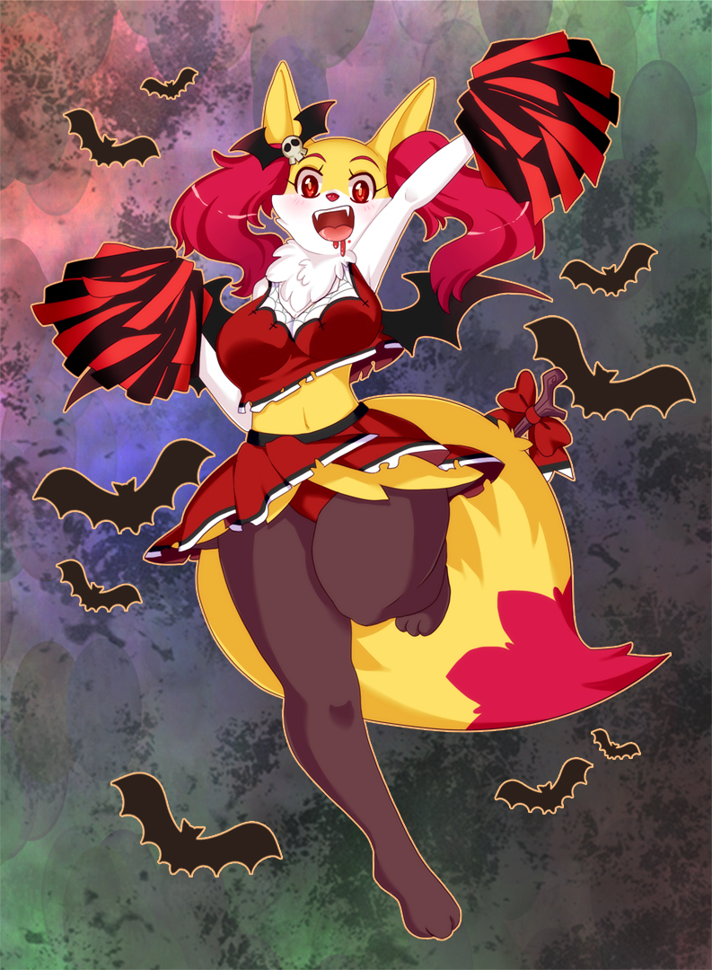 1girl animal_ears arm_up bat blood blush bow braixen breasts cheerleader crop_top drooling fangs feet fox_ears fox_tail full_body furry halloween hand_up large_breasts looking_at_viewer midriff navel no_humans onirin open_mouth outline panties pantyshot pantyshot_(standing) paws pleated_skirt pokemon pokemon_(creature) pokemon_xy pom_poms rainbow_background red_bow red_eyes red_panties red_shirt red_skirt shirt simple_background skirt sleeveless sleeveless_shirt smile solo standing standing_on_one_leg stick tail teeth underwear