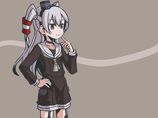 adrian_ferrer amatsukaze_(kantai_collection) choker collarbone dress garter_straps grey_hair hand_on_hip hat kantai_collection long_hair mini_hat sailor_dress smile solo two_side_up windsock