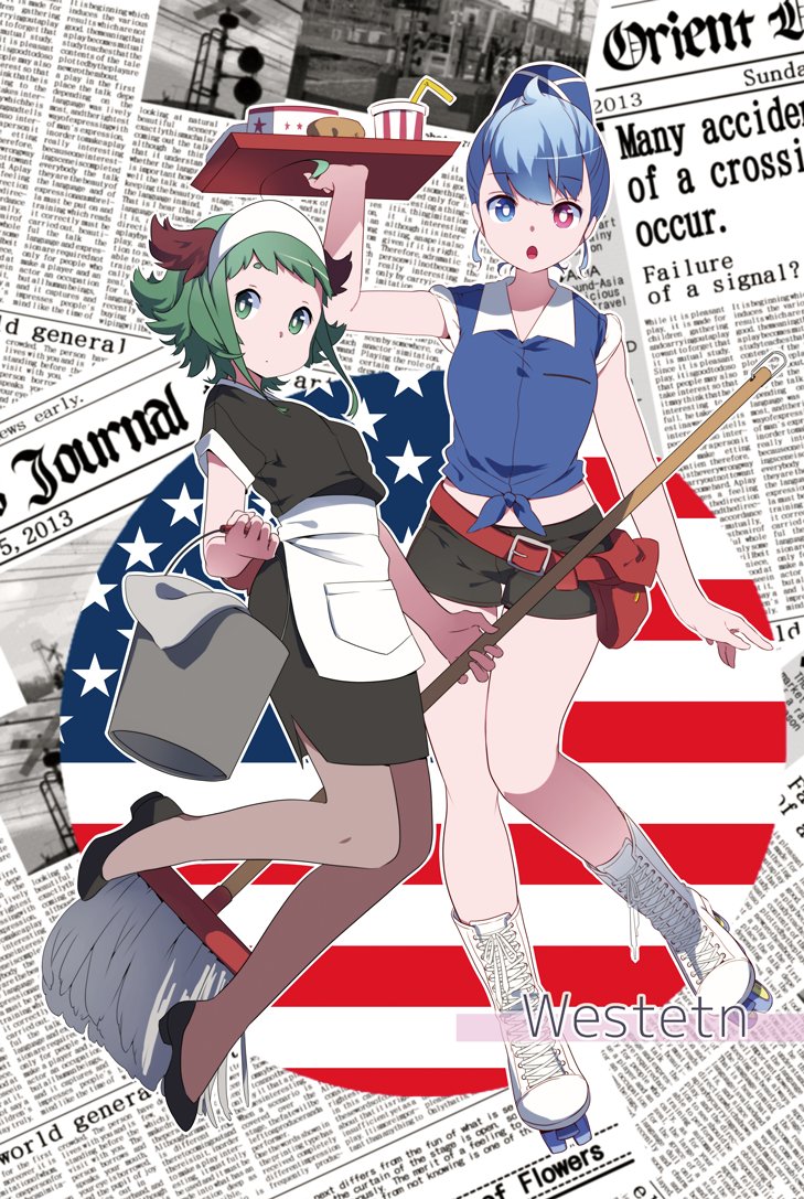 alternate_costume alternate_hairstyle american_flag apron bangs black_dress black_footwear black_shorts blue_eyes blue_hair blue_hat blue_shirt boots bucket collared_shirt cup disposable_cup dress drink english engrish enmaided food green_eyes green_hair hair_between_eyes hamburger hat heterochromia hips holding holding_bucket kasodani_kyouko knee_boots legs looking_at_viewer looking_to_the_side maid mop multiple_girls namauni newspaper open_mouth pantyhose ranguage red_eyes roller_skates shirt short_dress short_hair short_shorts shorts skates sleeves_rolled_up tatara_kogasa the_wall_street_journal thighs touhou towel tray tree typo waist_apron waitress white_footwear