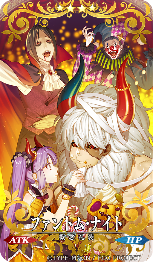 3boys asterios_(fate/grand_order) bandages bare_shoulders black_hair black_sclera blood blood_from_mouth blush cape card_(medium) caster_(fate/zero) clown costume couple craft_essence cupcake curtains detached_sleeves dress euryale facepaint fake_horns fate/grand_order fate/hollow_ataraxia fate/zero fate_(series) fingernails food food_on_face hairband high_collar horns kazuki_yone long_hair looking_at_viewer multiple_boys nail_polish official_art open_mouth phantom_of_the_opera_(fate/grand_order) puffy_short_sleeves puffy_sleeves purple_hair purple_nails red_eyes sharp_fingernails short_sleeves smile stage_curtains twintails vampire_costume wall-eyed watermark white_hair