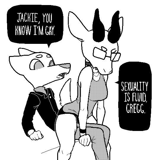 2017 anthro boxers_(clothing) canine caprine clothing english_text eyewear fangs female fox glasses goat gregg_(nitw) horn humor jacket jackie_(nitw) lapdance male male/female mammal night_in_the_woods open_mouth parody pashoo shirt shorts stated_homosexuality tank_top teeth text undershirt underwear wristband