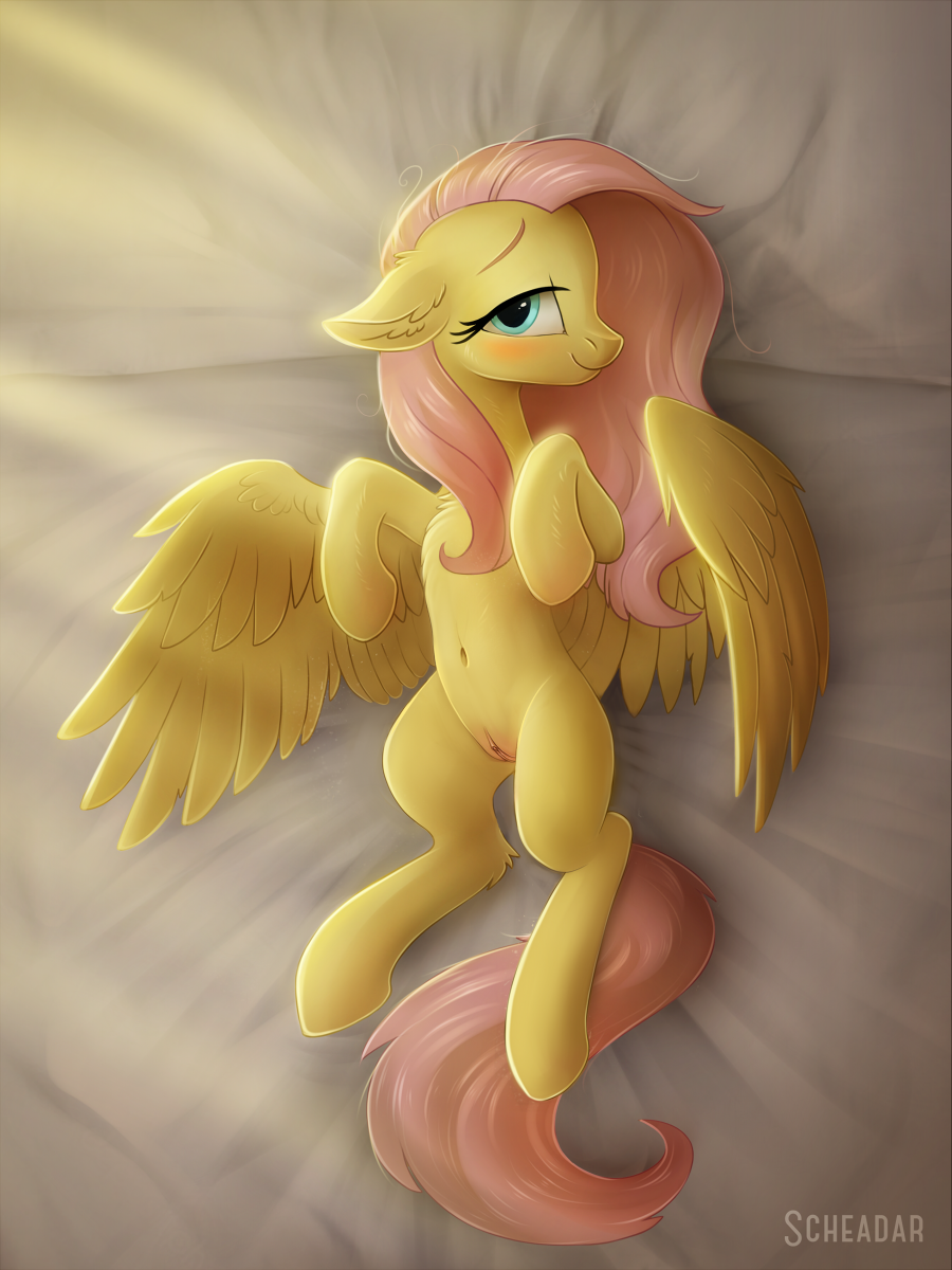 2017 bed bird's-eye_view blush equine feathered_wings feathers female feral fluttershy_(mlp) friendship_is_magic fur hair hi_res high-angle_view hooves horse krrrokozjabrra long_hair looking_at_viewer lying mammal my_little_pony navel on_back on_bed pegasus pink_hair pony pussy smile solo wings