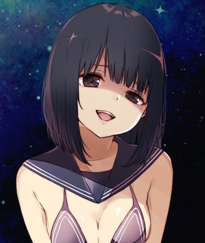 :d bad_id bad_pixiv_id bangs bare_shoulders bikini_top black_hair blue_background blunt_bangs breasts brown_eyes cleavage commentary_request gradient gradient_background half-closed_eye head_tilt lips looking_at_viewer manatsuki_manata medium_breasts open_mouth original purple_bikini_top sailor_collar shaded_face shiny shiny_skin short_hair smile solo sparkle upper_body upper_teeth