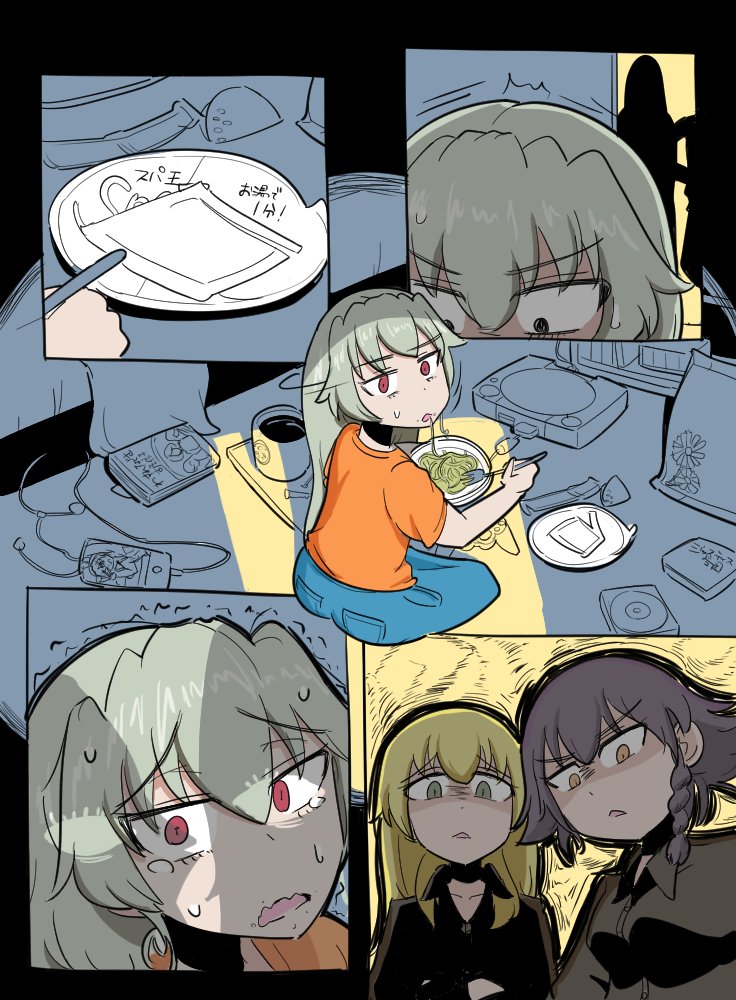 anchovy blonde_hair carpaccio casual caught comic commentary controller eating food game_console game_controller girls_und_panzer green_eyes long_hair messy_room multiple_girls open_mouth pasta pepperoni_(girls_und_panzer) playstation popora_(nene_ichido) red_eyes short_hair translated