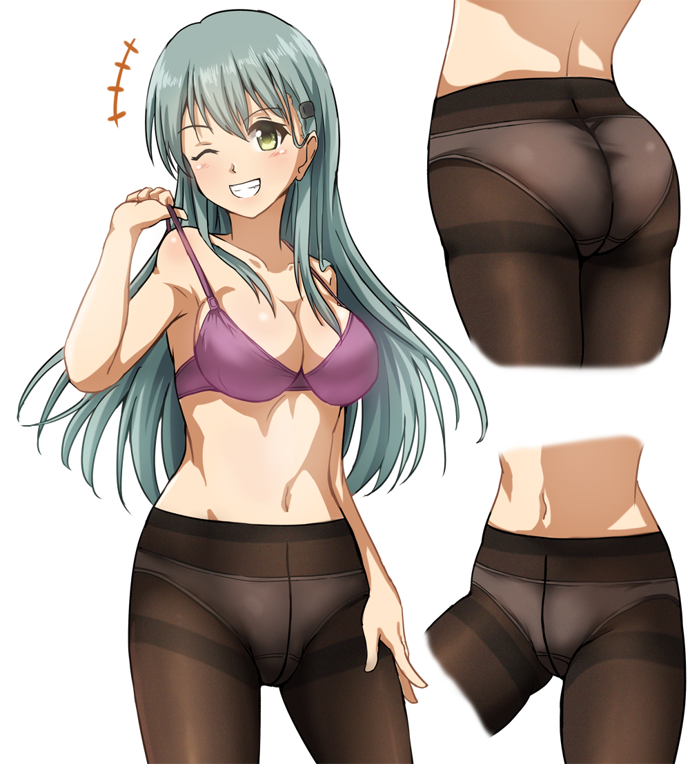1girl ;d aqua_hair armpits ass back bangs bare_arms bare_shoulders black_legwear blush bra breasts cleavage collarbone contrapposto cowboy_shot cropped_legs cropped_torso crotch_seam eyebrows_visible_through_hair grin hair_ornament hairclip hand_on_own_thigh kantai_collection legs_apart long_hair looking_at_viewer lower_body medium_breasts multiple_views navel one_eye_closed open_mouth panties panties_under_pantyhose pantyhose pulled_by_self purple_bra smile standing stomach strap_pull suzuya_(kantai_collection) tareme thighband_pantyhose thighs underwear yellow_eyes zanntetu