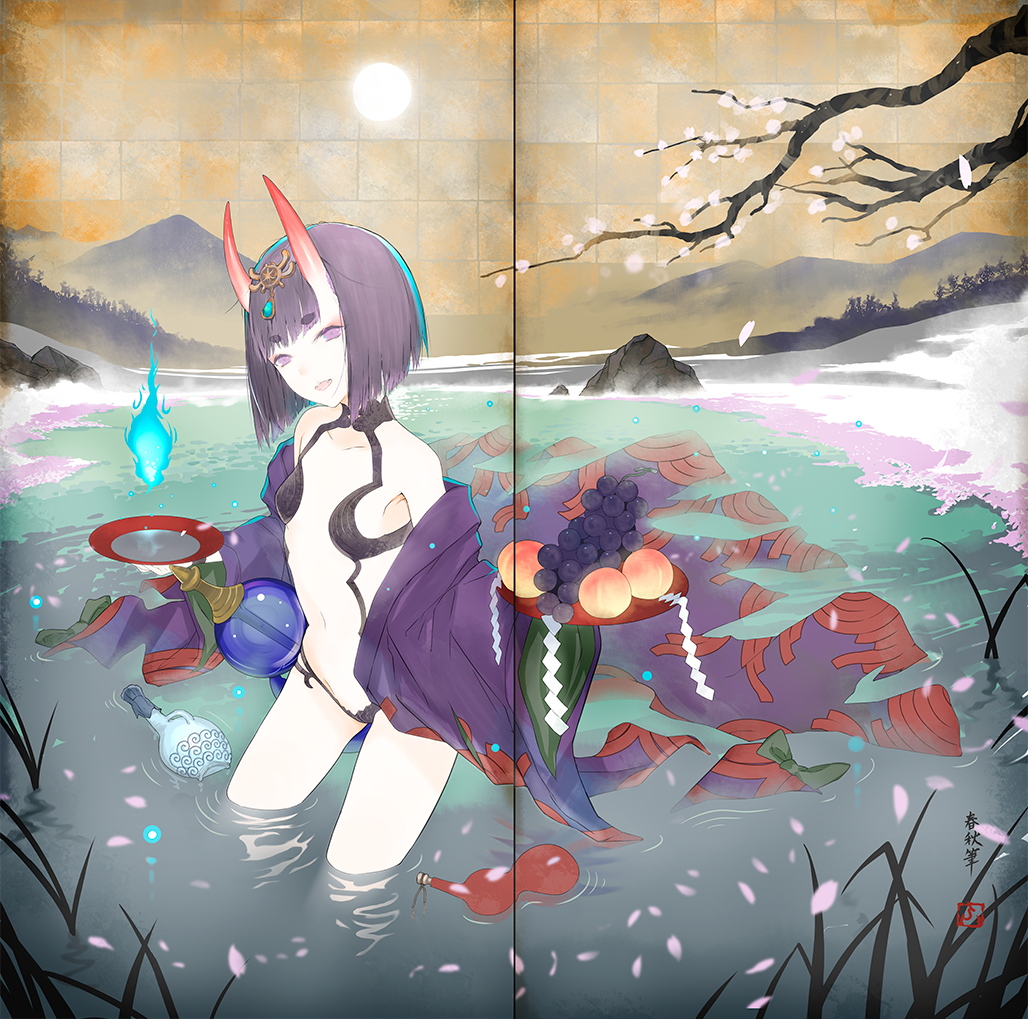 bangs blue_fire bottle cherry_blossoms collarbone commentary_request crease cup day eyebrows_visible_through_hair fate/grand_order fate_(series) fire folding_screen food fruit full_moon fuyuno_haruaki grapes holding holding_tray horns moon mountain oni oni_horns open_mouth outdoors peach pond purple_eyes purple_hair revealing_clothes sakazuki sake_bottle shide short_hair shuten_douji_(fate/grand_order) signature smile solo thick_eyebrows tray tsurime wading