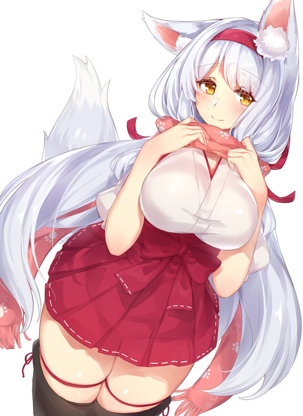 1girl blush breasts closed_mouth cowboy_shot curvy dutch_angle eyebrows_visible_through_hair hairband hakama_skirt japanese_clothes kantai_collection kemonomimi_mode large_breasts long_hair looking_at_viewer paw_print ribbon ribbon-trimmed_skirt ribbon_trim scarf shoukaku_(kantai_collection) silver_hair simple_background smile solo tail thick_thighs thigh_ribbon thighhighs very_long_hair waifu2x white_background wide_hips yamaarashi yellow_eyes
