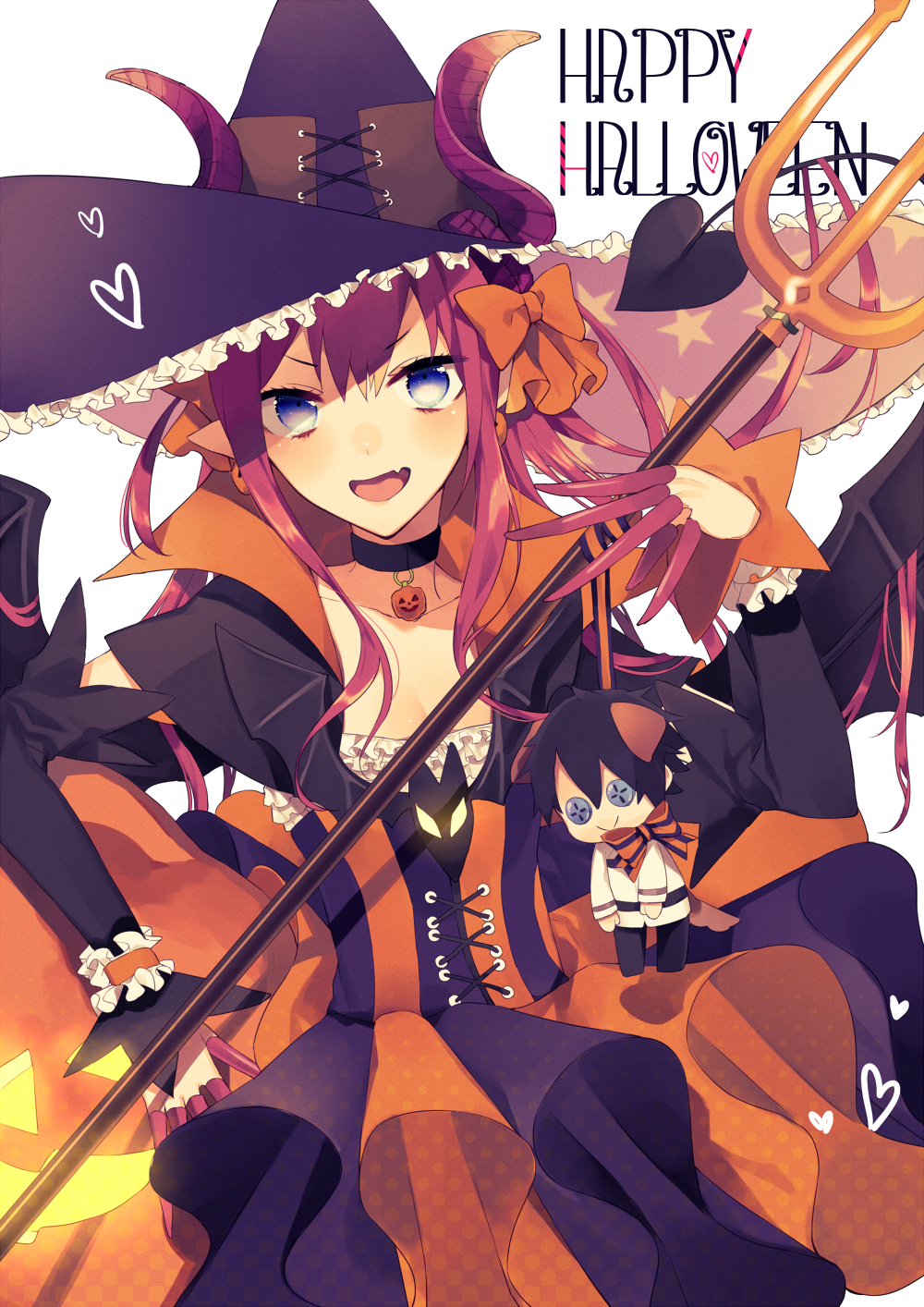 1girl blue_eyes blush cape dress elizabeth_bathory_(halloween)_(fate) fate/grand_order fork halloween hat lancer_(fate/extra_ccc) long_hair looking_at_viewer purple_hair smile weapon witch