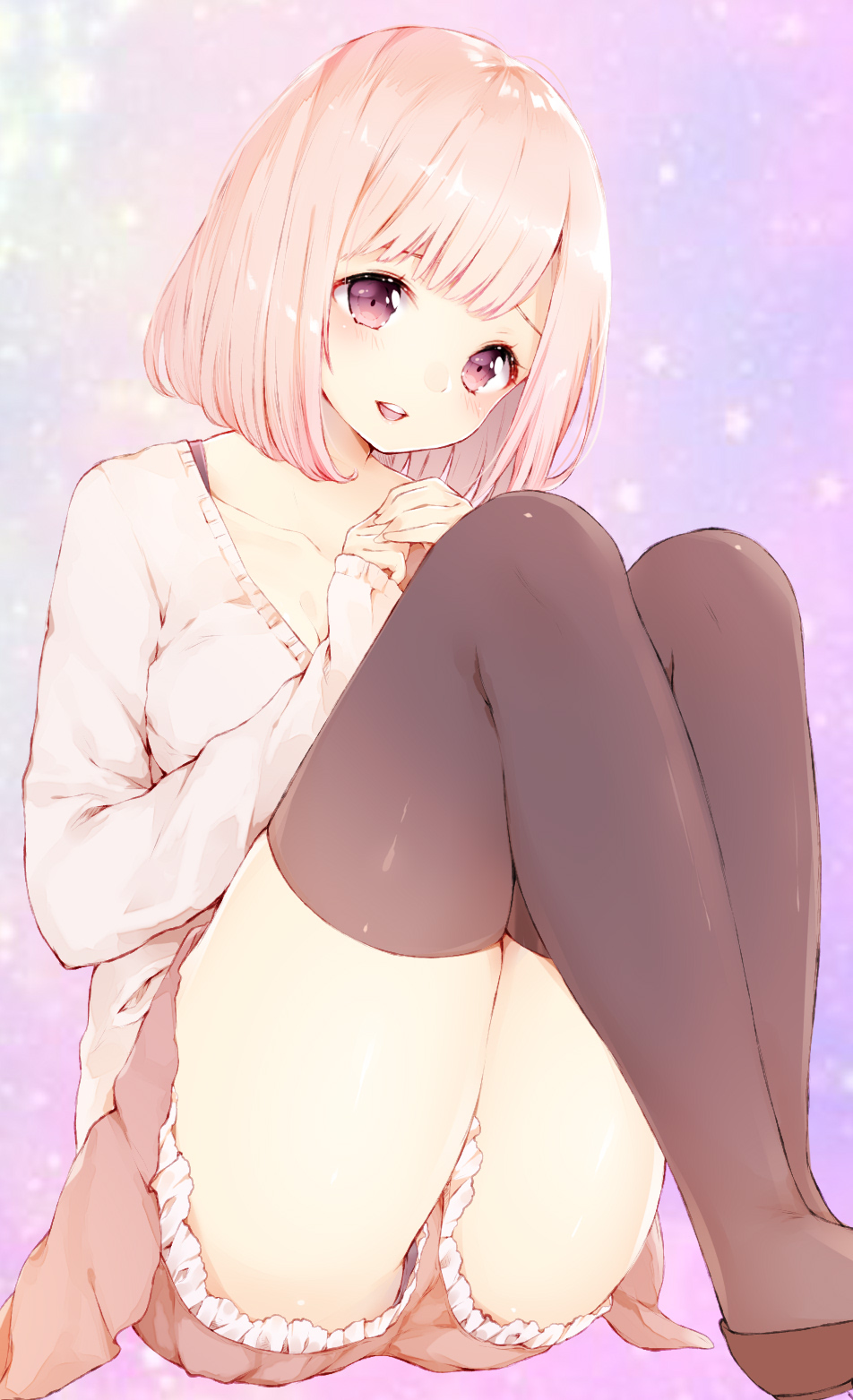 :d bangs black_legwear blush collarbone commentary_request frills hands_up highres knees_up legs_together looking_at_viewer manatsuki_manata open_mouth original pink_hair purple_eyes short_hair shorts sitting skirt sleeves_past_wrists smile solo sweater tareme thighhighs thighs