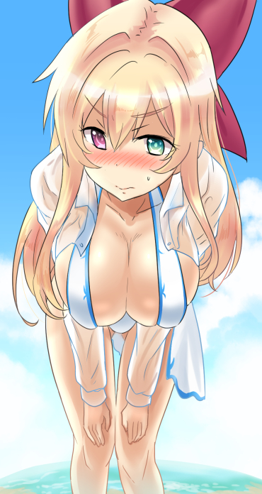 blonde_hair blue_sky blush bow breasts cleavage closed_mouth collarbone commentary_request cowboy_shot day flower_knight_girl foreshortening green_eyes hair_bow heterochromia ishizu_kayu ivy_(flower_knight_girl) large_breasts leaning_forward long_hair looking_at_viewer nose_blush open_clothes open_shirt purple_eyes red_bow see-through shirt sky slingshot_swimsuit solo swimsuit wet wet_clothes wet_shirt