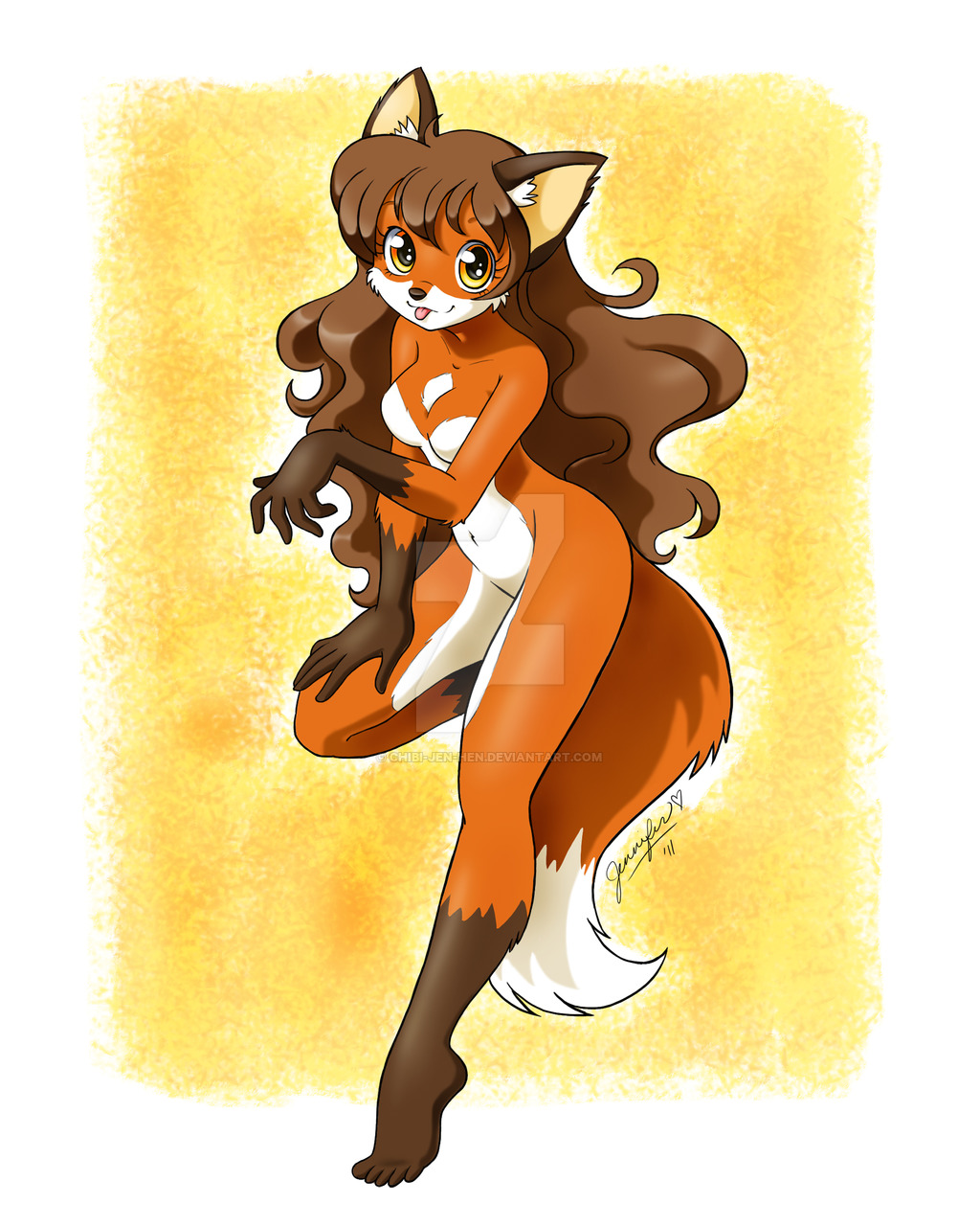 2011 5_fingers 5_toes amber_eyes anthro breasts brown_hair canine chibi-jen-hen distracting_watermark featureless_breasts female fox hair long_hair looking_at_viewer mammal signature simple_background solo toes watermark