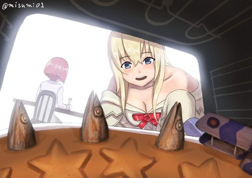 :d aircraft airplane ark_royal_(kantai_collection) blonde_hair blue_eyes braid chair commentary_request dress fish food fork french_braid holding kantai_collection long_hair misumi_(niku-kyu) multiple_girls off-shoulder_dress off_shoulder open_mouth oven pie red_hair short_hair sitting smile stargazy_pie swordfish_(airplane) table twitter_username warspite_(kantai_collection)