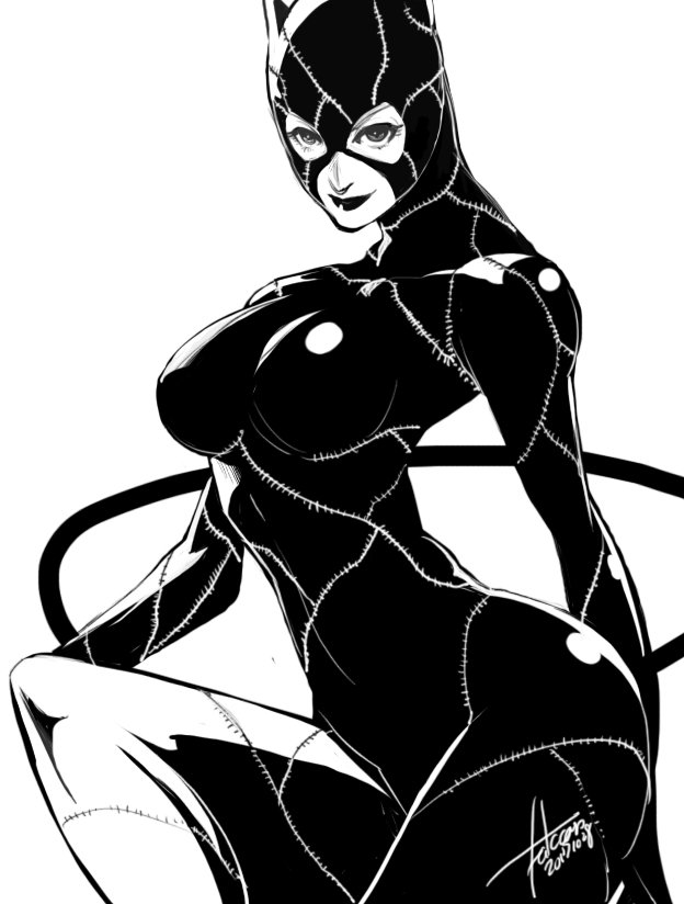 animal_ears batman_(series) bodysuit breasts cat_ears catsuit catwoman commentary_request dc_comics falcoon greyscale large_breasts lipstick makeup monochrome skin_tight slender_waist solo whip