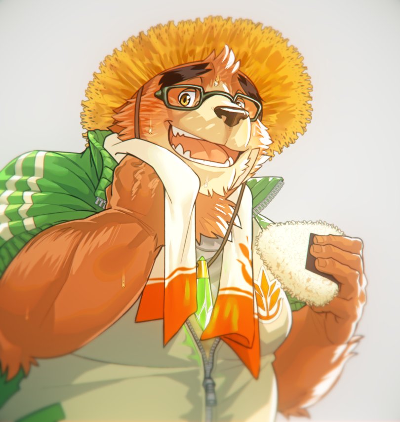 2019 anthro brown_fur eyewear food fur glasses hat humanoid_hands male mammal oak oaks16 onigiri orchish_(pixiv) overweight overweight_male simple_background solo straw_hat towel ursid volos