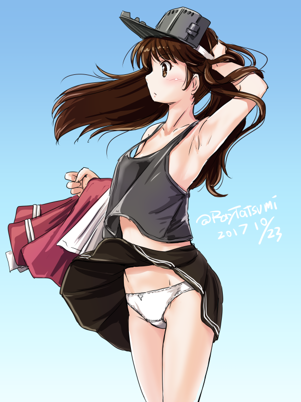 armpits black_skirt blue_background brown_eyes brown_hair clothes_removed cowboy_shot dated flat_chest gradient gradient_background holding_clothes japanese_clothes kantai_collection kariginu long_hair panties pleated_skirt ryuujou_(kantai_collection) skirt skirt_lift solo standing tatsumi_ray twintails twitter_username undershirt underwear visor_cap white_panties wind wind_lift