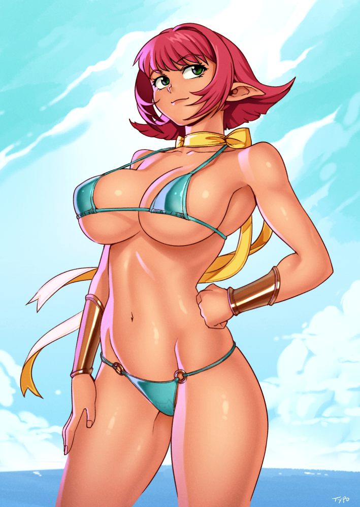 bikini blush bracer breasts cala choker cleavage collar collarbone commentary day elf green_bikini green_eyes hand_on_hip hand_on_thigh large_breasts navel o-ring o-ring_bikini ocean outdoors pointy_ears red_hair ribbon_choker short_hair smile solo standing swimsuit typo_(requiemdusk) viper viper_rsr