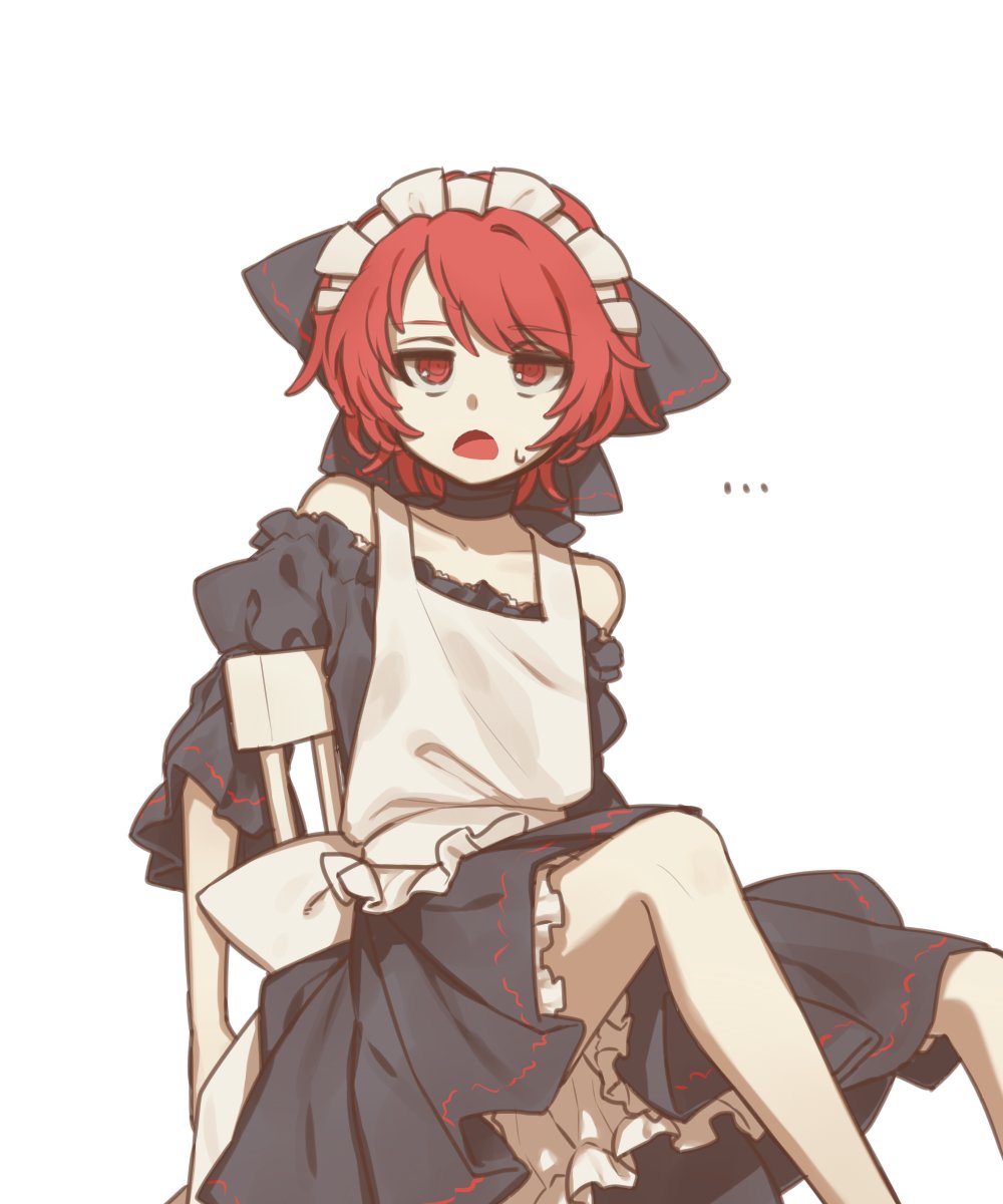 1girl alien_(psr992) alternate_costume apron bare_legs bare_shoulders black_bow black_hair bow chair commentary_request enmaided hair_bow highres korean looking_at_viewer maid maid_headdress red_eyes red_hair sekibanki short_hair simple_background sitting solo sweatdrop touhou white_background