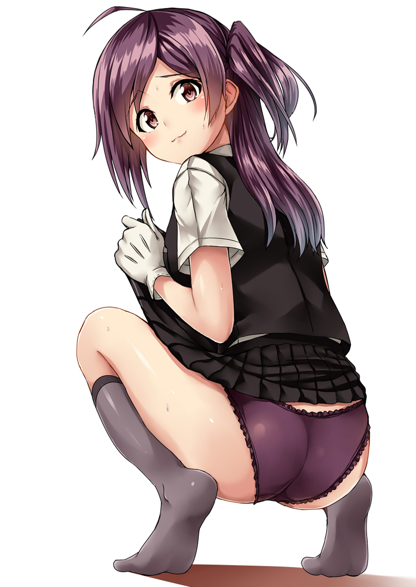 :3 ahoge ass bangs black_skirt blush brown_eyes closed_mouth commentary_request from_behind gloves grey_legwear hagikaze_(kantai_collection) highres kamelie kantai_collection kneehighs lifted_by_self long_hair looking_at_viewer looking_back no_shoes one_side_up panties pleated_skirt purple_hair purple_panties shadow shirt short_sleeves sidelocks simple_background skirt skirt_lift solo squatting underwear vest wedgie white_background white_gloves white_shirt
