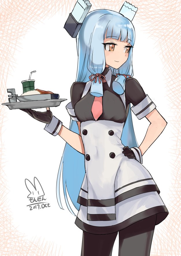 adapted_costume bangs black_legwear blue_hair blunt_bangs breasts commentary_request dated dress gloves headgear kantai_collection long_hair looking_to_the_side military military_uniform murakumo_(kantai_collection) naval_uniform necktie orange_eyes pantyhose remodel_(kantai_collection) ribbon sailor_dress sensen short_eyebrows sidelocks small_breasts solo tray uniform waitress