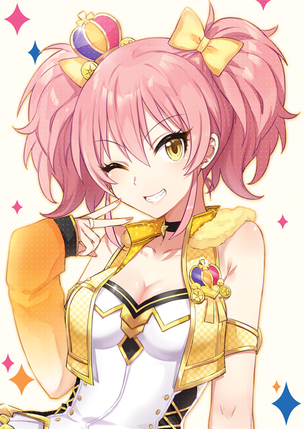 ;d asymmetrical_sleeves bow breasts choker cleavage collarbone crown detached_sleeves eyebrows_visible_through_hair grin haikimono_shounen hair_between_eyes hair_bow idolmaster idolmaster_cinderella_girls jewelry jougasaki_mika long_hair medium_breasts mini_crown nail_polish one_eye_closed open_mouth party_time_gold pink_hair pink_nails ring simple_background smile solo twintails upper_body white_background yellow_bow yellow_eyes
