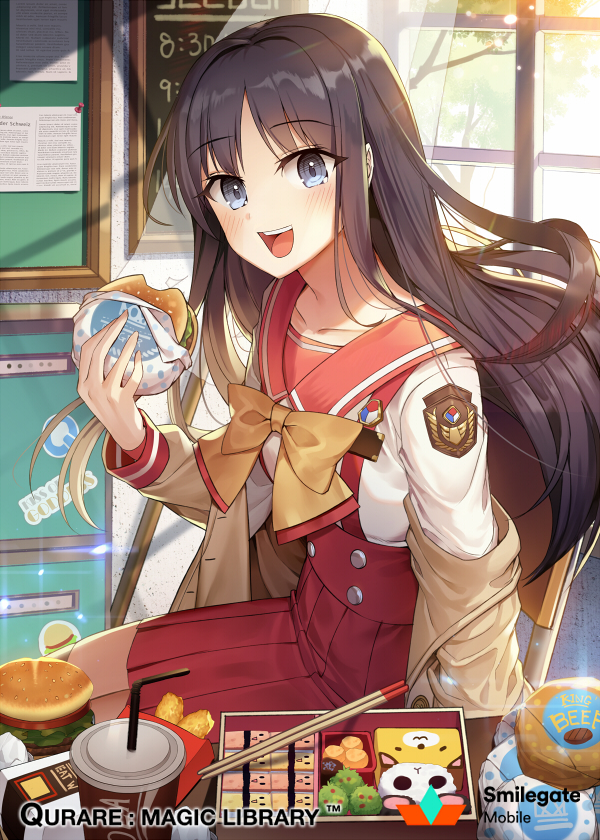 :d bad_id bad_pixiv_id badge bangs blue_eyes brown_hair carchet chopsticks commentary copyright_name curtains day drinking_straw eyebrows_visible_through_hair food hamburger holding holding_food indoors jacket long_hair looking_at_viewer neck_ribbon obentou off_shoulder official_art open_mouth pleated_skirt qurare_magic_library red_skirt ribbon school_uniform serafuku shirt sitting skirt smile solo tree watermark window yellow_neckwear