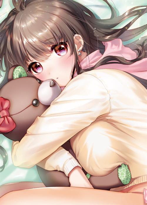 :o bangs bed_sheet blush bow breast_press breasts brown_hair earrings eyebrows_visible_through_hair from_side jewelry large_breasts long_hair long_sleeves looking_at_viewer lying object_hug ogino_atsuki on_side original parted_lips pink_scarf purple_eyes red_bow scarf solo stuffed_animal stuffed_toy sweater tareme teddy_bear thighs yellow_sweater