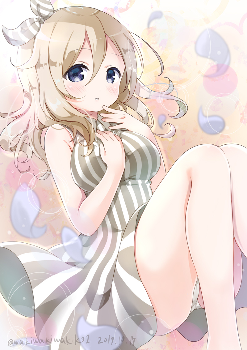 :d aoyama_blue_mountain blonde_hair blue_eyes blush bow breasts collared_dress commentary_request dated dress eyebrows_visible_through_hair gochuumon_wa_usagi_desu_ka? hair_between_eyes hair_bow hand_on_own_chest knees_together_feet_apart large_breasts long_hair looking_at_viewer multicolored multicolored_background neki_(wakiko) open_mouth panties pantyshot parted_lips petals smile solo striped striped_bow striped_dress teeth twitter_username underwear vertical-striped_dress vertical_stripes white_panties wing_collar
