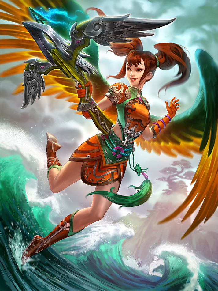 arrow boots bow_(weapon) chinese_clothes cloud cloudy_sky crossbow feathered_wings gloves green_eyes jing_wei_(smite) long_hair long_legs ocean official_art orange_hair rock simon_eckert sky smite solo teeth tree twintails water weapon wings