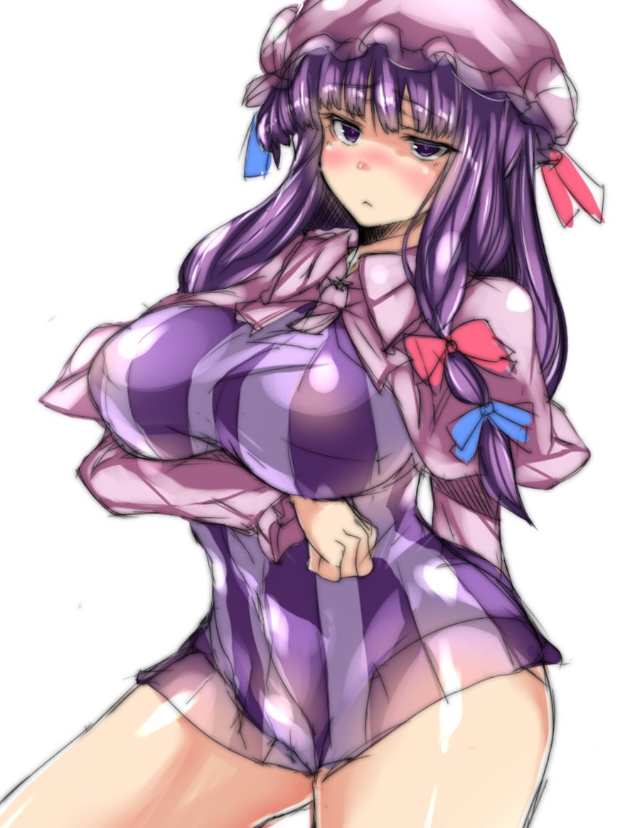 :&lt; bangs blue_bow blunt_bangs bow breast_hold breasts capelet cowboy_shot dress hair_bow half-closed_eyes hat large_breasts long_hair mob_cap ototobe patchouli_knowledge pink_hat purple_dress red_bow shiny shiny_hair short_dress simple_background sketch solo striped striped_dress touhou white_background