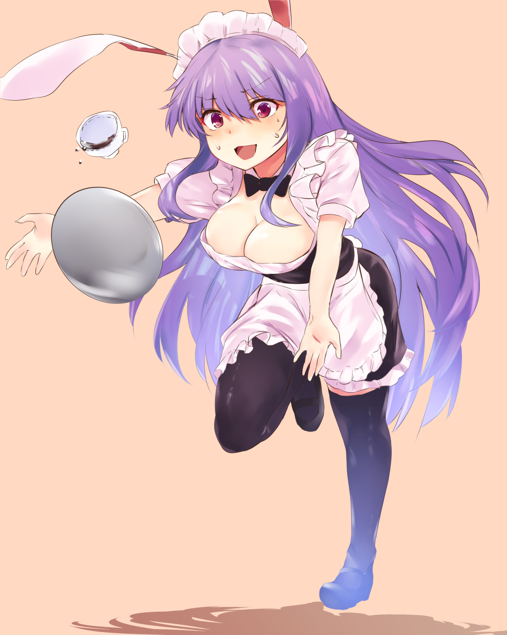 accident alternate_costume animal_ears apron asuzemu black_legwear black_neckwear bow bowtie breasts bunny_ears bunny_tail cleavage cup enmaided falling frilled_apron frilled_skirt frills highres long_hair looking_at_viewer maid maid_headdress mary_janes medium_breasts nervous nervous_smile open_mouth purple_hair red_eyes reisen_udongein_inaba shadow shoes simple_background skirt solo sweatdrop tail teacup thighhighs touhou very_long_hair