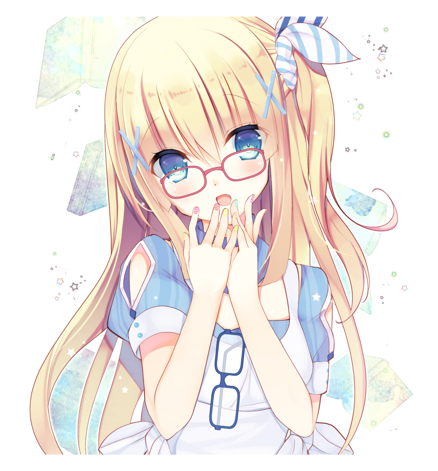 :o bangs blonde_hair blue-framed_eyewear blue_eyes blush book commentary_request dress eyebrows_visible_through_hair eyewear_hang eyewear_removed fang glasses hair_between_eyes hair_ornament hair_ribbon head_tilt kinoko5123 long_hair looking_at_viewer multicolored multicolored_nails nail_polish one_side_up open_mouth original own_hands_together red-framed_eyewear ribbon short_sleeves solo striped striped_ribbon tareme upper_body white_background white_dress x_hair_ornament