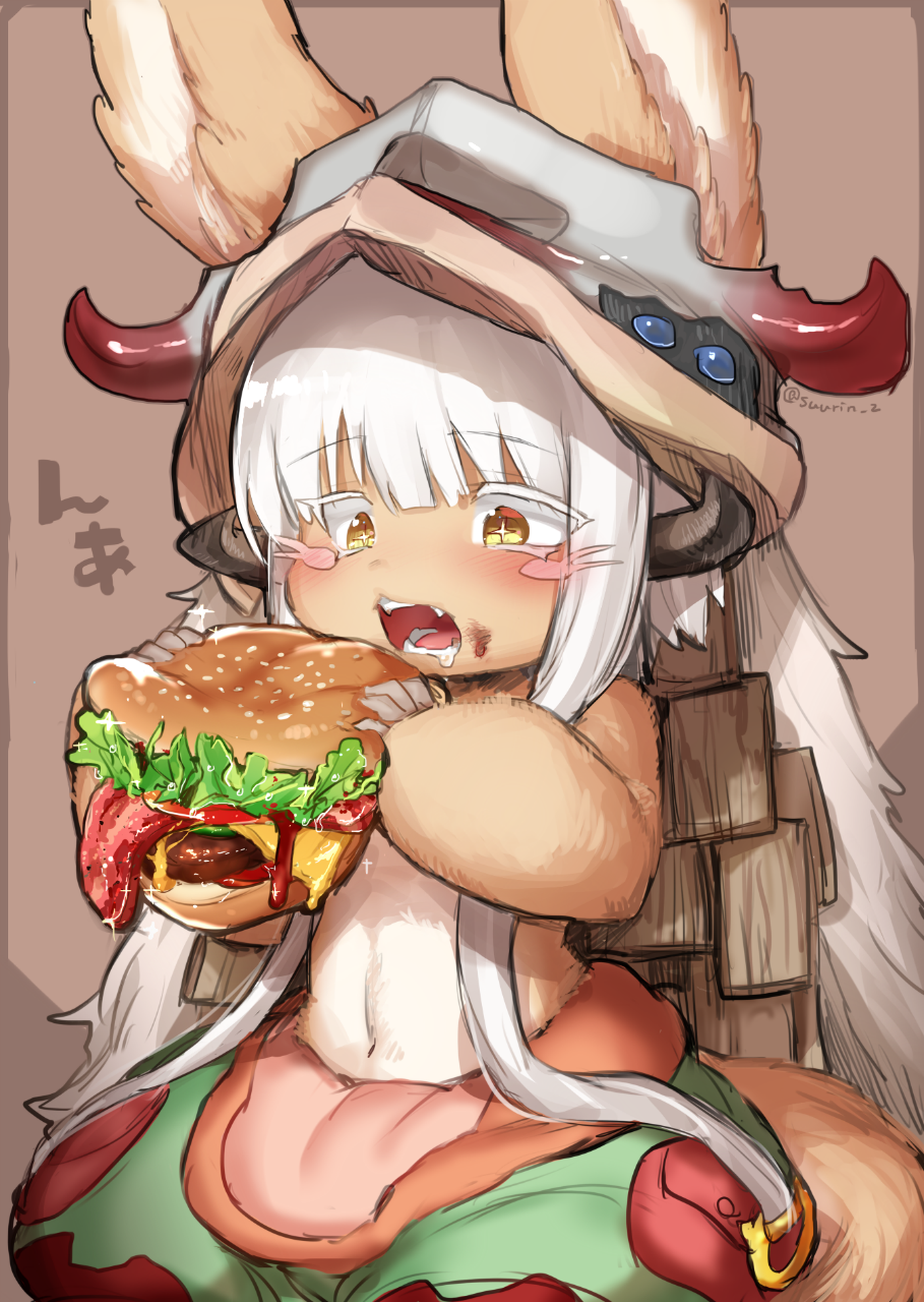 animal_ears bangs blunt_bangs blush_stickers brown_background drooling ears_through_headwear eyebrows_visible_through_hair food fur furry hamburger highres holding holding_food horns lettuce long_hair made_in_abyss meat mustard nanachi_(made_in_abyss) navel open_mouth pouch saliva sitting solo star star-shaped_pupils suurin_(ksyaro) symbol-shaped_pupils tail topless twitter_username very_long_hair whiskers white_hair yellow_eyes