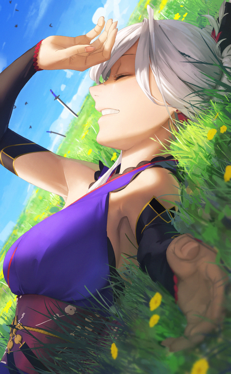 amino_(tn7135) arm_up armpits bird closed_eyes cloud day earrings fate/grand_order fate_(series) flower grass grin highres japanese_clothes jewelry lying miyamoto_musashi_(fate/grand_order) obi planted_sword planted_weapon sash sky smile solo sword weapon