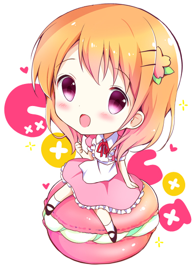 :d alternate_costume amedamacon apron bangs black_footwear blush character_name chibi collared_dress commentary_request dress eyebrows_visible_through_hair food frilled_dress frills gochuumon_wa_usagi_desu_ka? hair_ornament hairclip heart hoto_cocoa long_hair looking_at_viewer macaron maid minigirl open_mouth orange_hair pink_dress puffy_short_sleeves puffy_sleeves purple_eyes short_sleeves simple_background sitting smile solo white_apron white_background white_dress white_legwear wing_collar