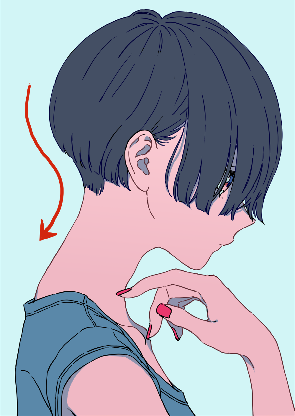 aida_takanobu bangs bare_shoulders black_hair blue_background blue_shirt blunt_bangs bowl_cut closed_mouth collarbone commentary_request denim_shirt fingernails from_side hair_behind_ear hair_over_eyes hand_up highres long_fingernails nail_polish neck nose original profile red_eyes red_nails shirt short_hair simple_background sleeveless sleeveless_shirt solo upper_body