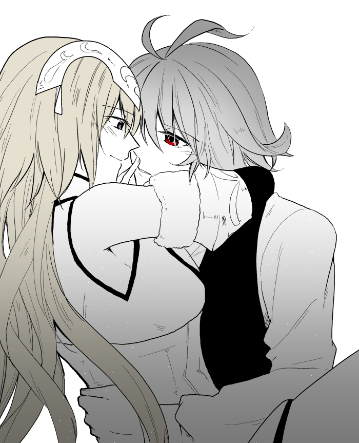 1girl ahoge bangs blonde_hair couple eyebrows_visible_through_hair fate/apocrypha fate_(series) finger_in_mouth hair_between_eyes headpiece hetero hug jeanne_d'arc_(fate) jeanne_d'arc_(fate)_(all) long_hair long_sleeves multiple_monochrome red_eyes shirt short_hair sieg_(fate/apocrypha) silver_hair simple_background sleeveless sleeveless_shirt sooru0720 very_long_hair waistcoat white_shirt