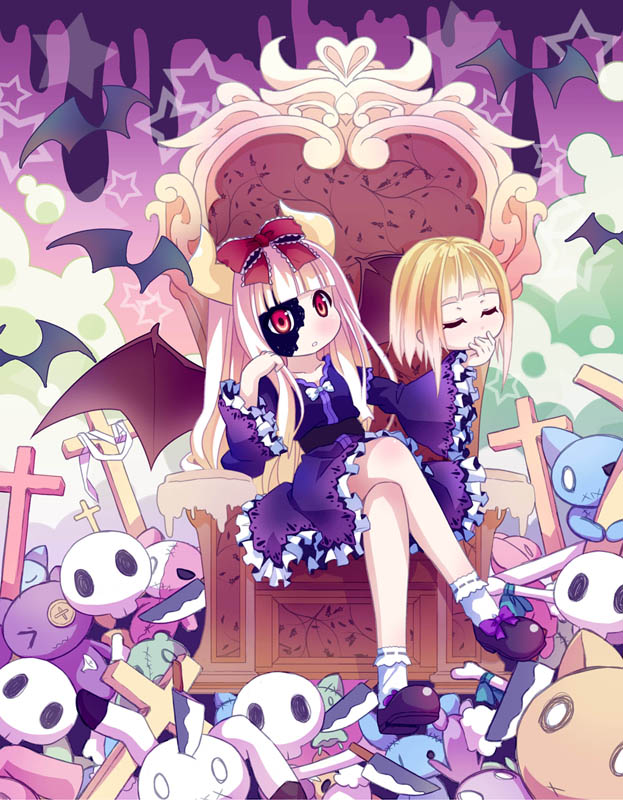 54hao arm_support bad_id bad_pixiv_id bangs bat black_footwear black_wings blonde_hair blunt_bangs blush bobby_socks bow chin_rest closed_eyes collarbone commentary_request cross crossed_legs demon_horns demon_wings disembodied_head dress frilled_dress frilled_sleeves frills holding_head horns knife latin_cross leaning_to_the_side long_hair long_sleeves looking_at_viewer original parted_lips purple_bow purple_dress red_eyes sitting skull socks solo stabbed star stuffed_animal stuffed_bunny stuffed_cat stuffed_toy throne very_long_hair white_bow white_legwear wide_sleeves wings