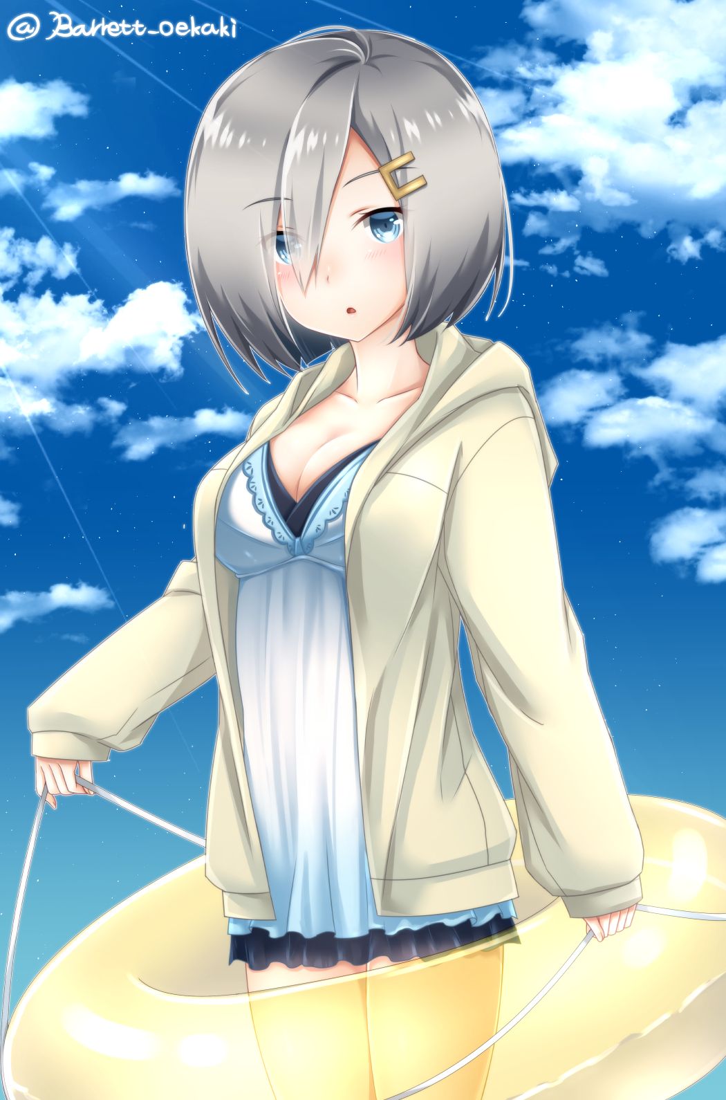 alternate_costume baretto_(firearms_1) blue_eyes blue_sky breasts casual cleavage cloud cloudy_sky commentary_request day hair_ornament hair_over_one_eye hairpin hamakaze_(kantai_collection) highres hood hooded_jacket innertube jacket kantai_collection looking_at_viewer medium_breasts parted_lips short_hair silver_hair sky solo yellow_innertube