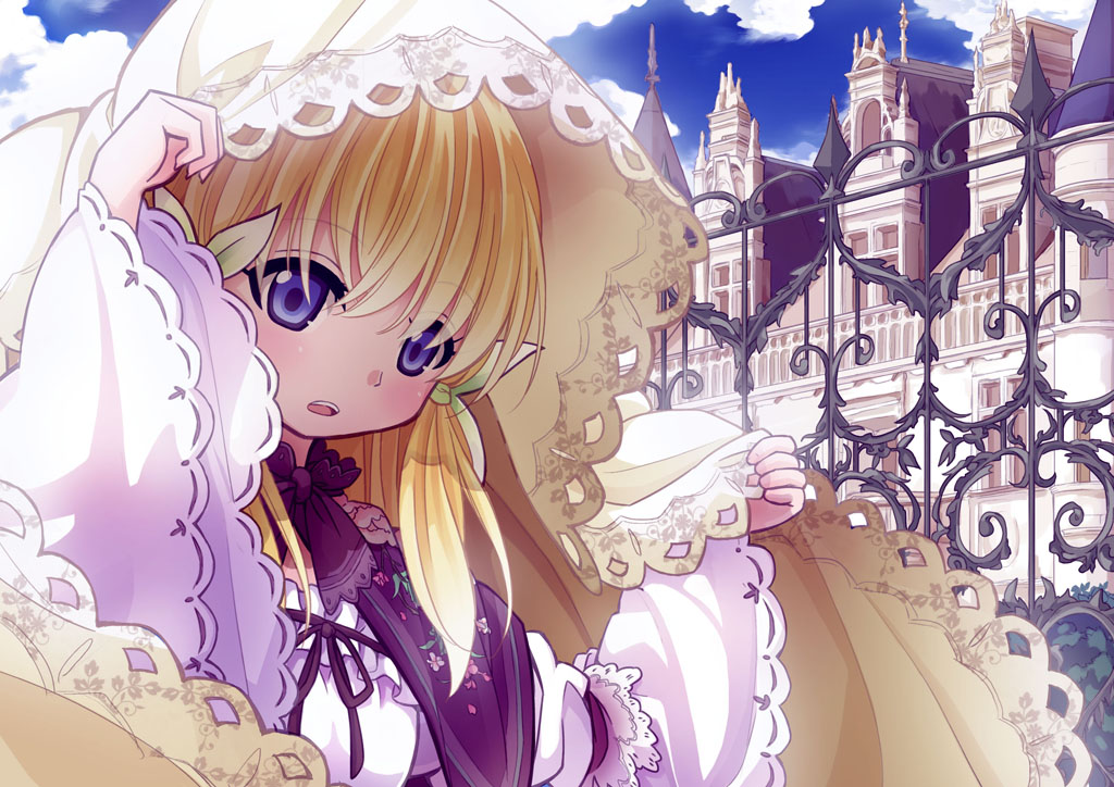 54hao arm_up bangs blonde_hair blue_eyes blue_sky blush capelet cloud cloudy_sky commentary_request day dress eyebrows_visible_through_hair fence frilled_dress frills green_ribbon hair_between_eyes hair_ribbon holding long_sleeves mansion original outdoors parted_lips purple_capelet purple_ribbon ribbon sky solo tareme veil white_dress wide_sleeves