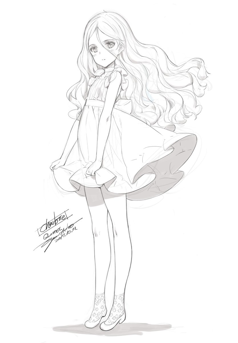 ankle_socks artist_name bangs character_name charlotte_francia choker dated dress frilled_sleeves frills full_body hair_between_eyes highres long_hair looking_at_viewer monochrome official_art ooyari_ashito parted_bangs parted_lips print_legwear quartett! simple_background sketch skirt_hold sleeveless slippers solo standing wavy_hair white_background